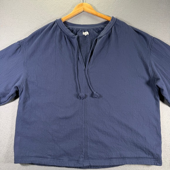 Aerie Textured Pullover Sweatshirt Women's XL Blue V Neck Pom Pom Tassel - Picture 3 of 13